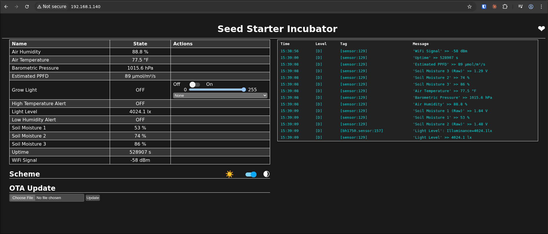 ESPHome web dashboard showing live sensor readings