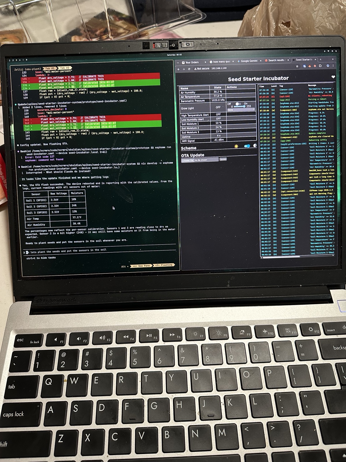 Claude reading live sensor values from the incubator