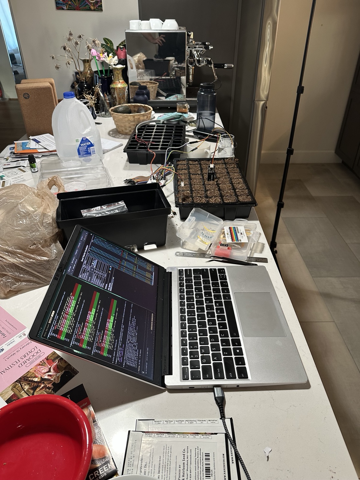 Incubator assembly workspace with sensor board and seed trays